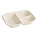 A rectangular, three-compartment compostable fiber food container.