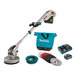 A Makita 40V MAX XGT cordless brushless telescoping rotary floor machine kit with accessories, battery, and charger.