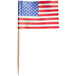 An American flag food pick with a small flag attached to a wooden stick.
