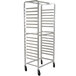 An Advance Tabco white metal sheet pan rack with wheels.