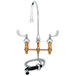 A T&S chrome deck-mount faucet with 8" centers, gooseneck, rosespray outlet, wrist action handles, and sidespray.