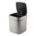 A stainless steel square wastebasket with an automatic lid, shown with the lid open.