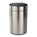 A stainless steel round wastebasket with an automatic lid.