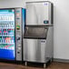 A large stainless steel Manitowoc Indigo NXT air-cooled half dice cube ice machine with a front bin, positioned next to a beverage vending machine.