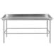 A silver rectangular stainless steel table with a long shelf.