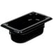 A Vollrath black plastic food pan with a lid.