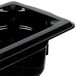 A Vollrath black plastic food pan with a lid on a counter.