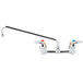A chrome T&S wall mount faucet with lever handles and a swing spout.
