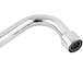 A close-up of a silver T&S wall mount faucet with curved spout and lever handles.