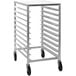 An Advance Tabco metal sheet pan rack on wheels.