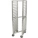 An Advance Tabco metal sheet pan rack with wheels.