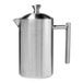 A brushed stainless steel double wall French press with a cylindrical body and a straight handle.