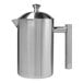 A brushed stainless steel double wall French press with a cylindrical body and a straight handle.