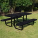 A black perforated metal picnic table with attached benches, designed for outdoor use.