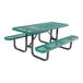 A green expanded metal picnic table with attached benches and a sturdy metal frame.