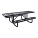An 8-foot black expanded metal picnic table with attached benches and ADA accessibility features.
