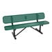 A green perforated metal bench with a backrest and black metal legs.
