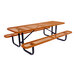 An 8-foot brown expanded metal picnic table with attached benches and black metal legs.