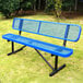 A 6-foot blue expanded metal bench with a backrest, designed for outdoor use.