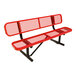 A six-foot red expanded metal bench with a backrest and black metal legs.