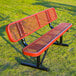 A 6-foot red expanded metal bench with a backrest and black metal legs, designed for outdoor use.