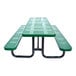 A green perforated metal picnic table with attached benches and a black metal frame.