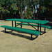 A green perforated metal picnic table with attached benches and black metal legs, designed for outdoor use.