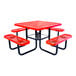 A square red expanded metal picnic table with four attached benches and black metal legs.