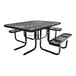 A black square expanded metal picnic table with attached benches and ADA accessibility.