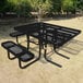 A black square expanded metal picnic table with attached benches designed for outdoor use.