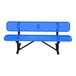 A 6-foot blue perforated metal bench with a backrest and black legs.