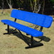 A six-foot blue perforated metal bench with a backrest, designed for outdoor use.