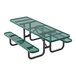 An 8-foot green expanded metal picnic table with attached benches and ADA accessibility features.