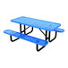 A blue perforated metal picnic table with attached benches and black metal legs.