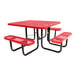 A square red expanded metal picnic table with attached benches and black metal legs.
