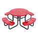 A round red perforated metal picnic table with attached curved benches and black metal legs.