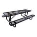 An 8-foot black expanded metal picnic table with attached benches.