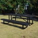 An 8-foot black perforated metal picnic table with attached benches, designed for outdoor use.
