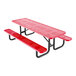 A red perforated metal picnic table with attached benches and black metal legs.