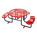 A round red expanded metal picnic table with attached curved benches and ADA accessibility.