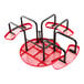 A red round expanded metal merry-go-round with black handrails and four seats.