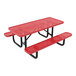 A 6-foot red perforated metal picnic table with attached benches and black metal legs.