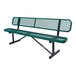 A green 6-foot expanded metal bench with a backrest and black metal legs.