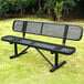 A six-foot black expanded metal bench with a backrest, designed for outdoor use.
