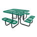 A square green expanded metal picnic table with attached benches and ADA accessibility features.
