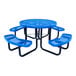 A round blue expanded metal picnic table with four attached curved benches and black metal legs.