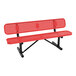 A six-foot red perforated metal bench with a black metal frame and backrest.