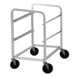 A white metal mobile lug rack with black wheels.