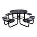 A round black expanded metal picnic table with four attached curved benches.
