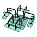 A green square expanded metal picnic table with attached benches and black metal supports.